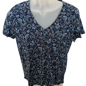 LOFT Blue Floral Short Sleeve V Neck Top Women S Small